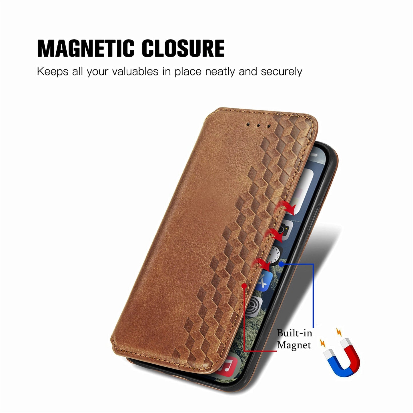 For iPhone 16e PU Leather Case Rhombus Imprint Wallet Stand Phone Cover - Brown