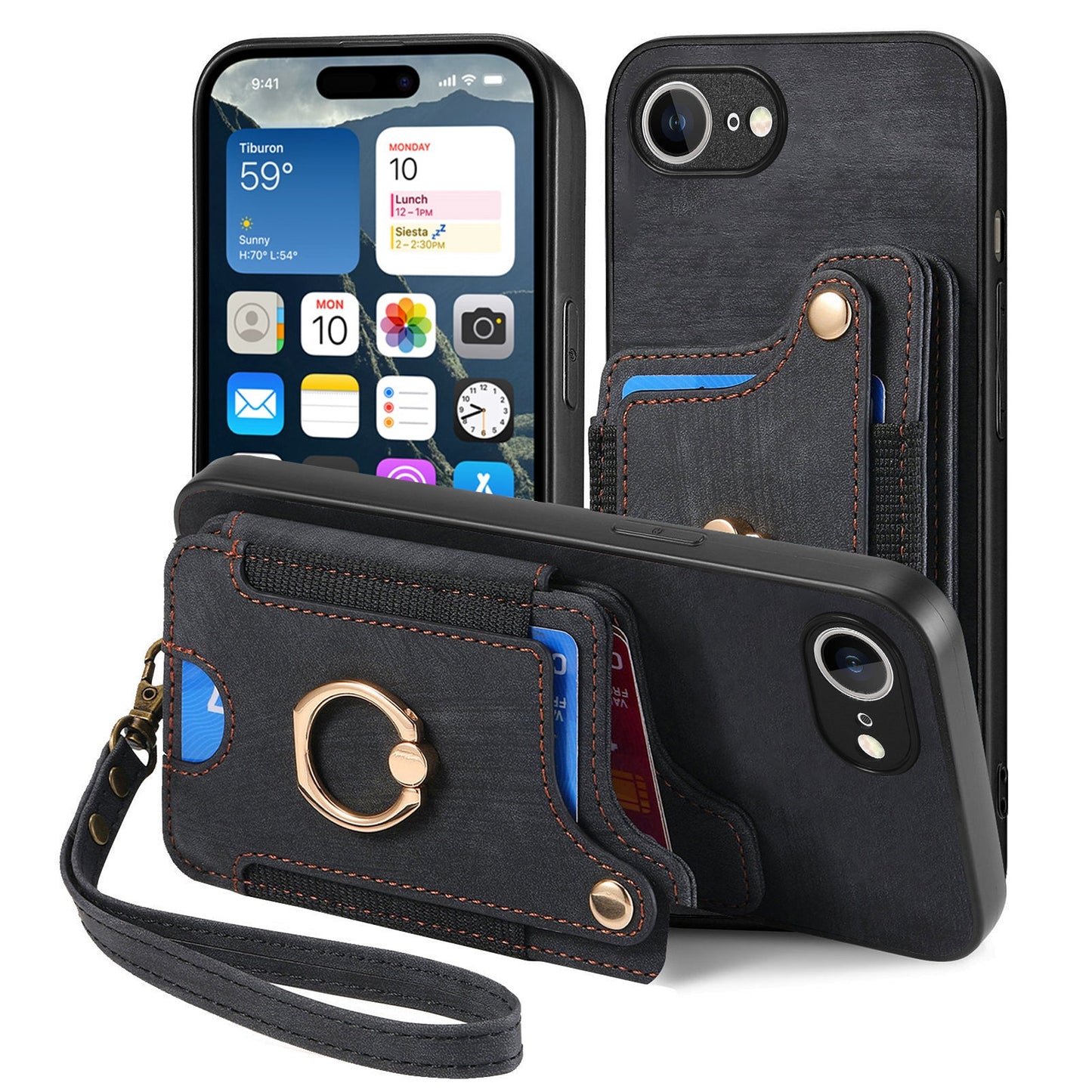 For iPhone 16e Retro PU Leather Back Cover with RFID Blocking Card Holder - Black
