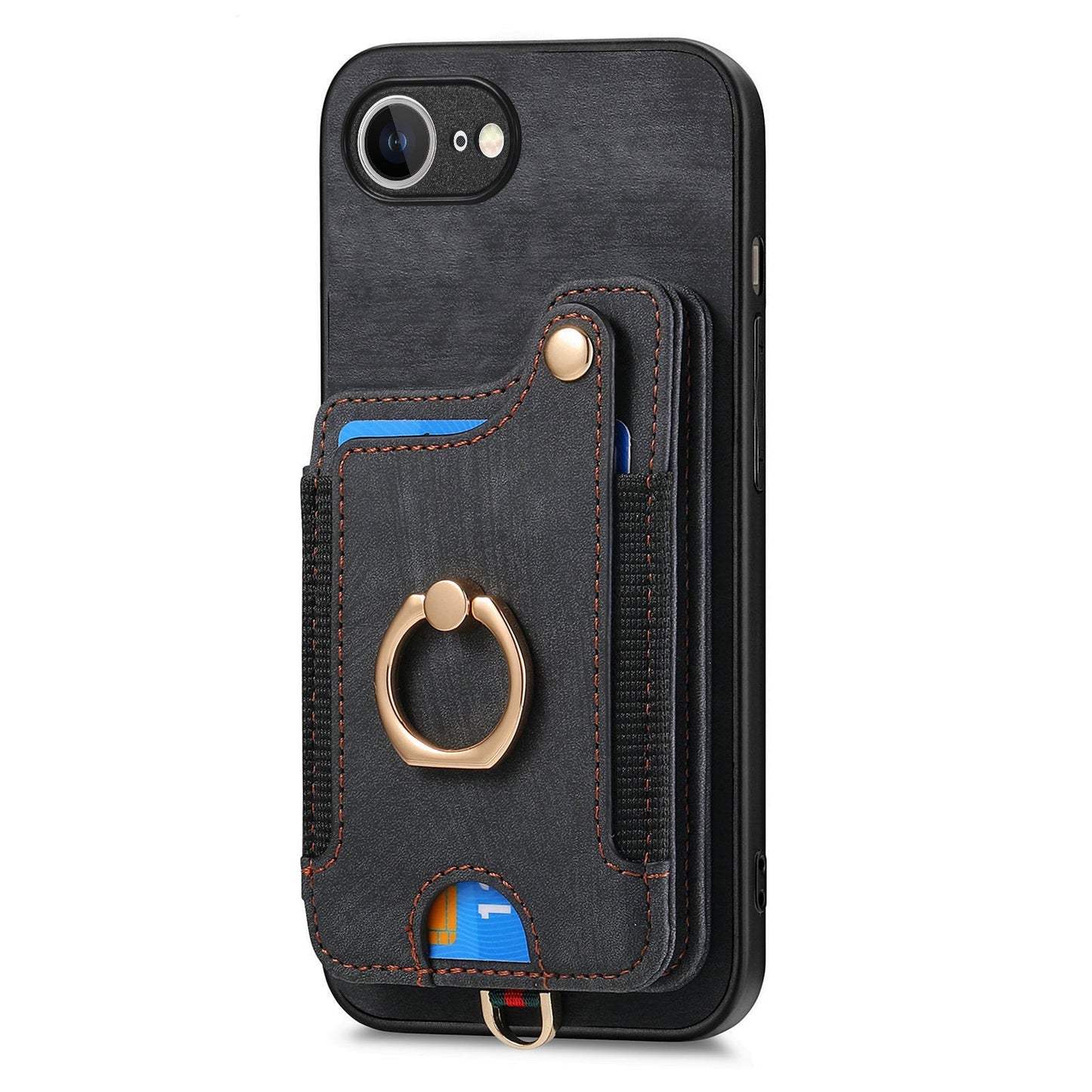 For iPhone 16e Retro PU Leather Back Cover with RFID Blocking Card Holder - Black