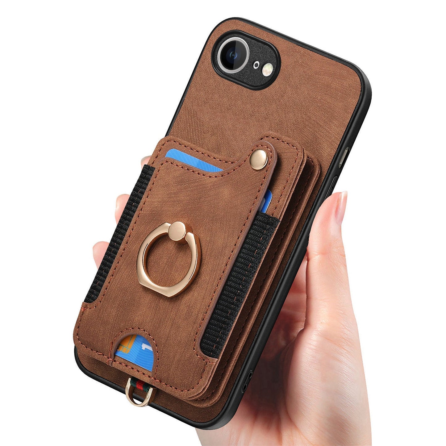 For iPhone 16e Retro PU Leather Back Cover with RFID Blocking Card Holder - Brown