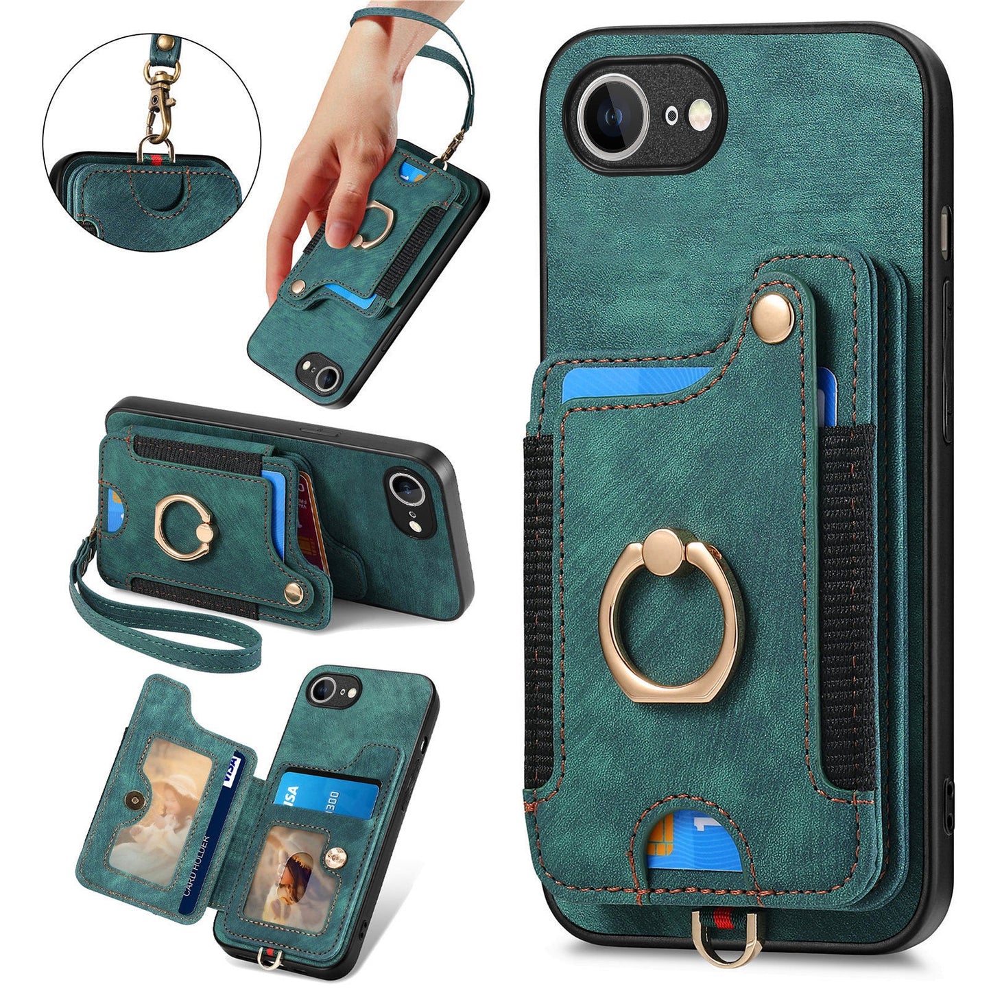 For iPhone 16e Retro PU Leather Back Cover with RFID Blocking Card Holder - Green