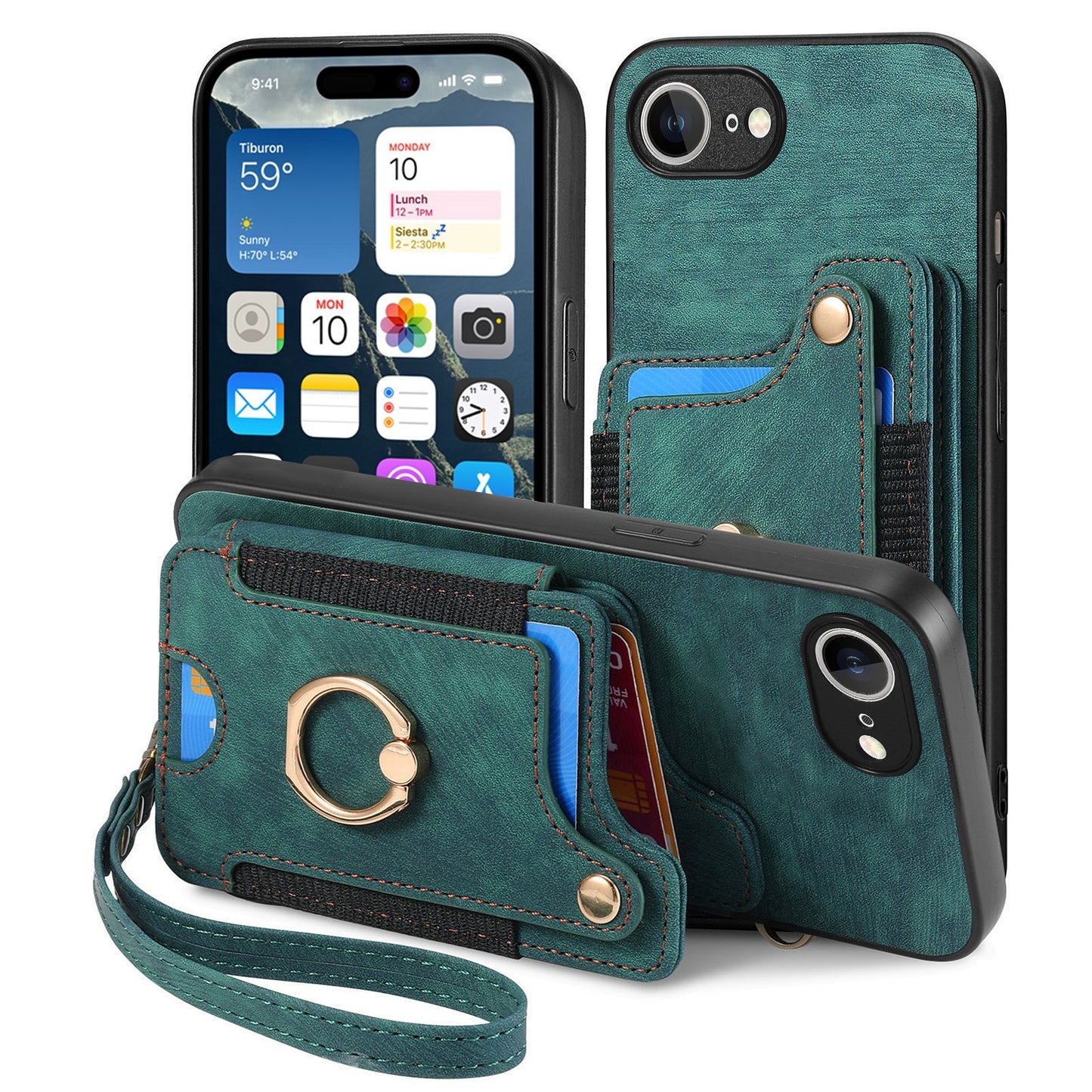 For iPhone 16e Retro PU Leather Back Cover with RFID Blocking Card Holder - Green