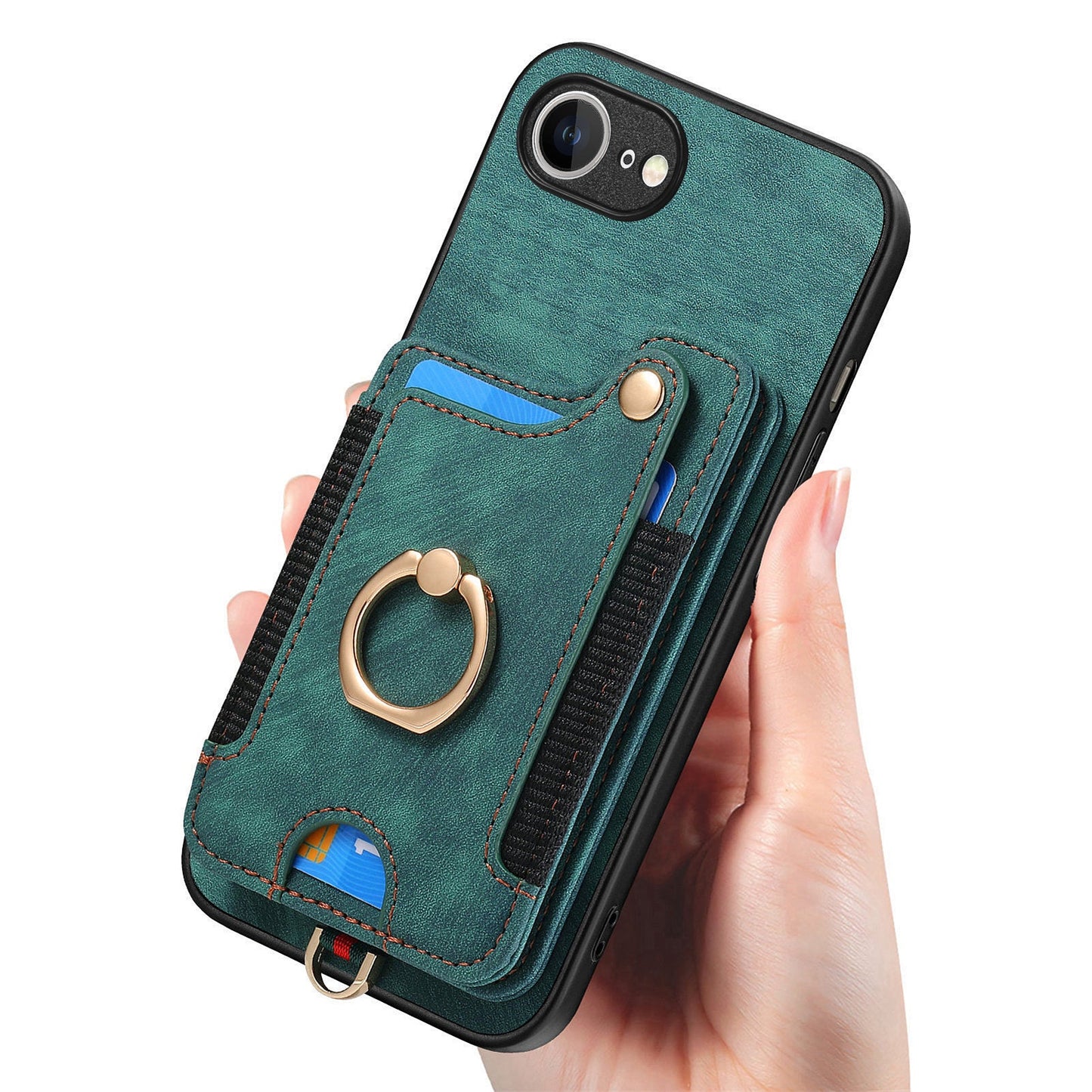 For iPhone 16e Retro PU Leather Back Cover with RFID Blocking Card Holder - Green