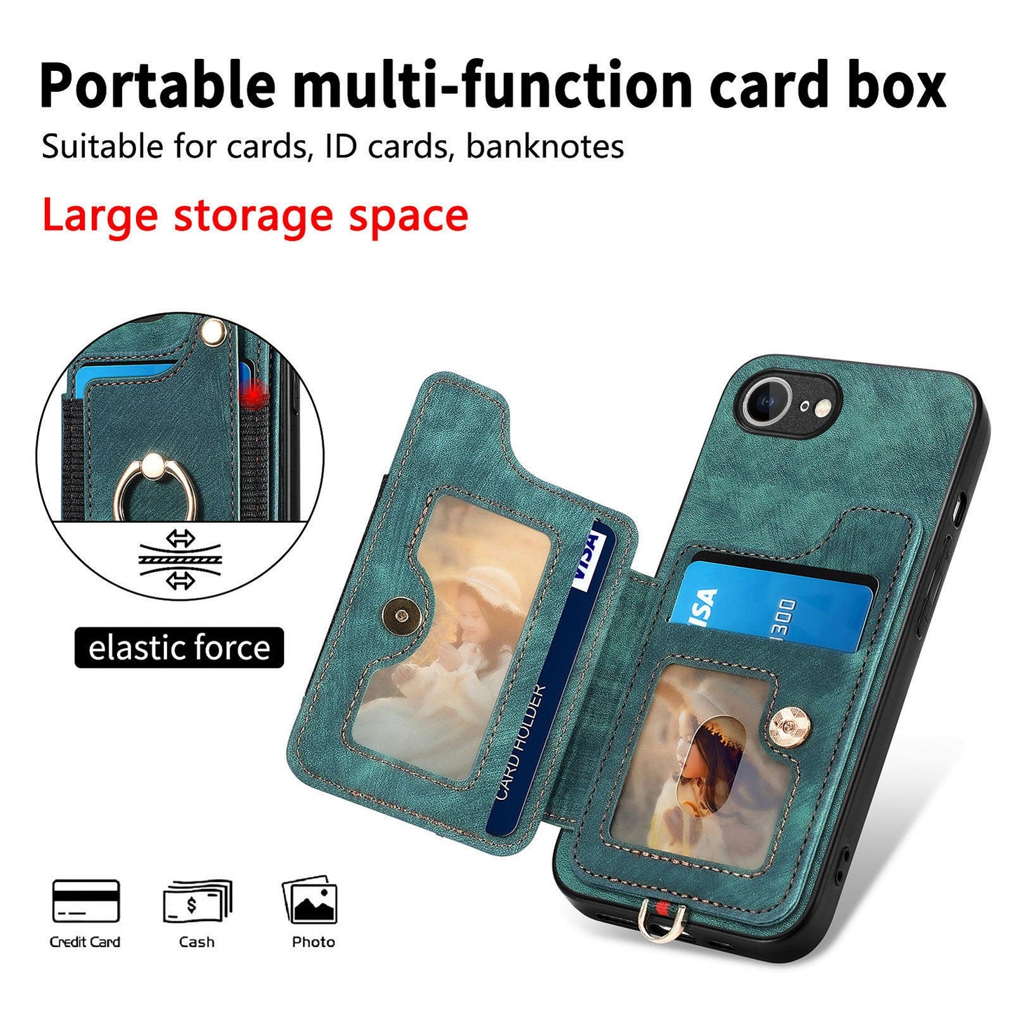 For iPhone 16e Retro PU Leather Back Cover with RFID Blocking Card Holder - Green