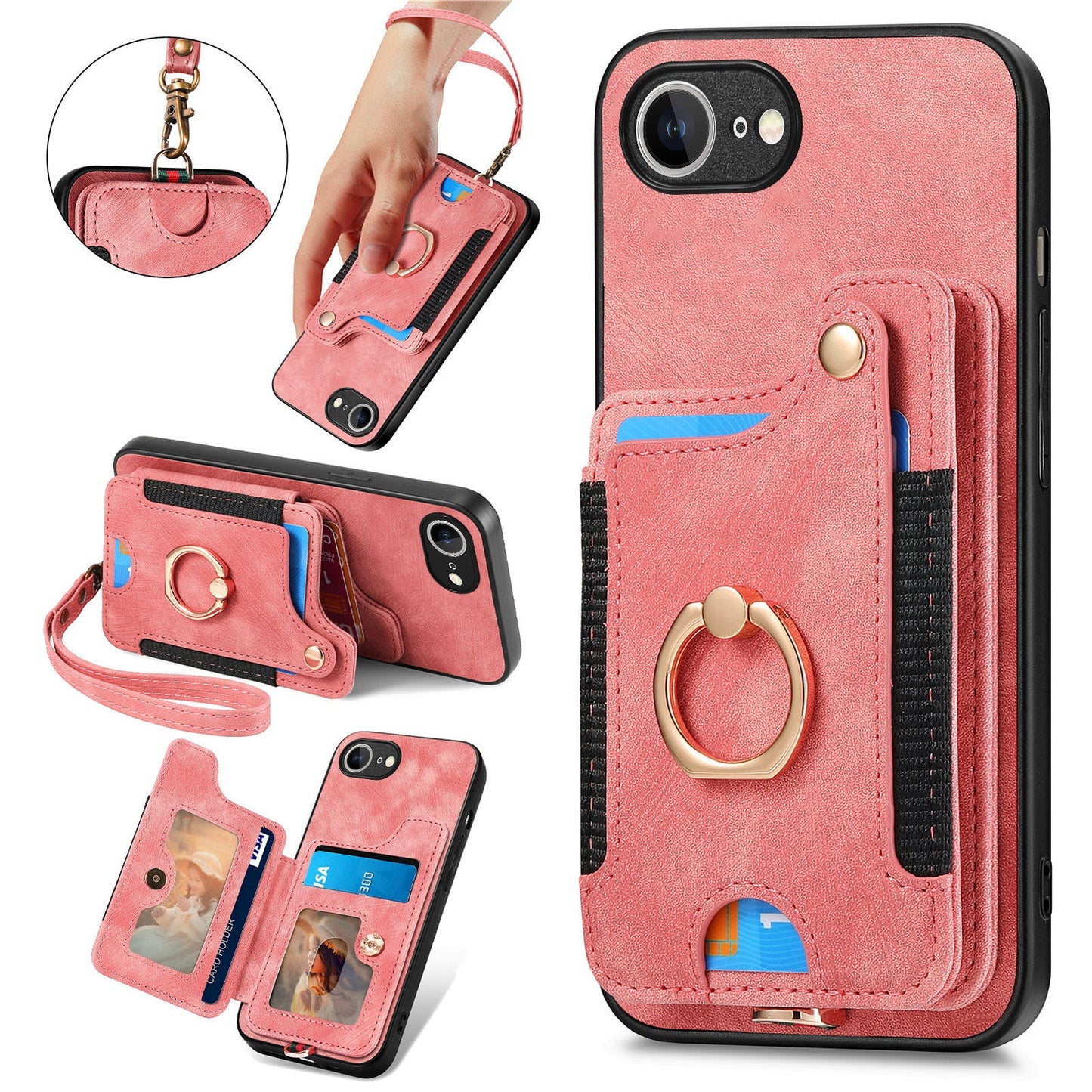 For iPhone 16e Retro PU Leather Back Cover with RFID Blocking Card Holder - Pink