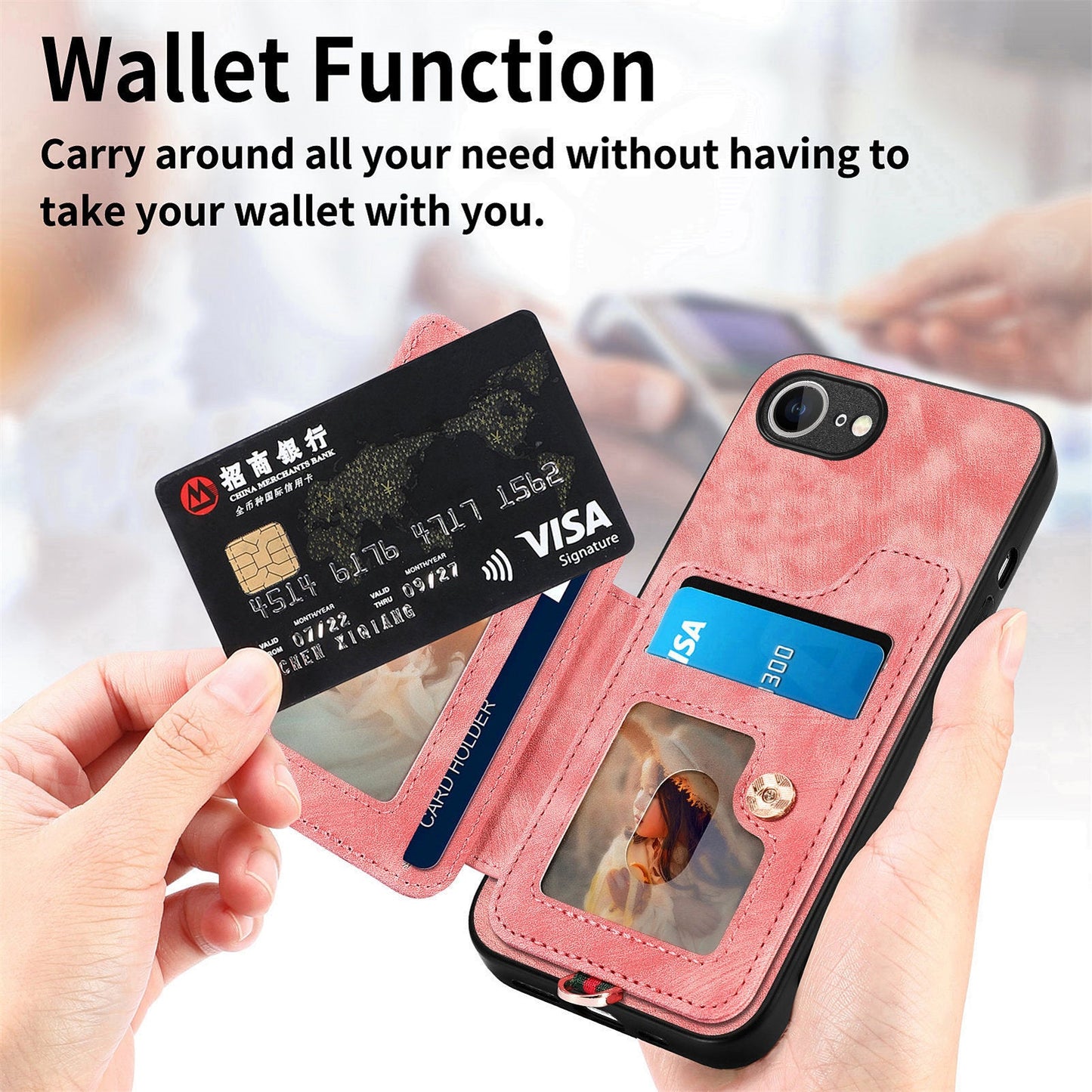 For iPhone 16e Retro PU Leather Back Cover with RFID Blocking Card Holder - Pink