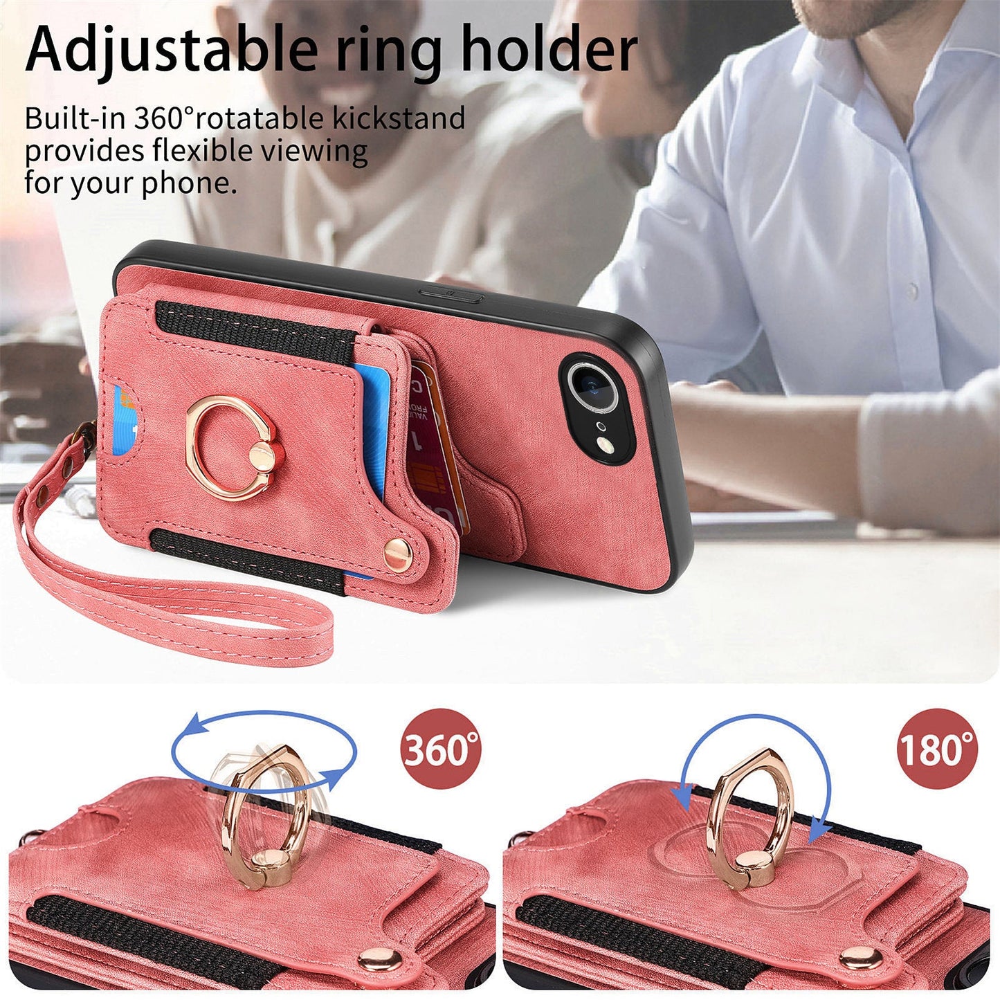 For iPhone 16e Retro PU Leather Back Cover with RFID Blocking Card Holder - Pink