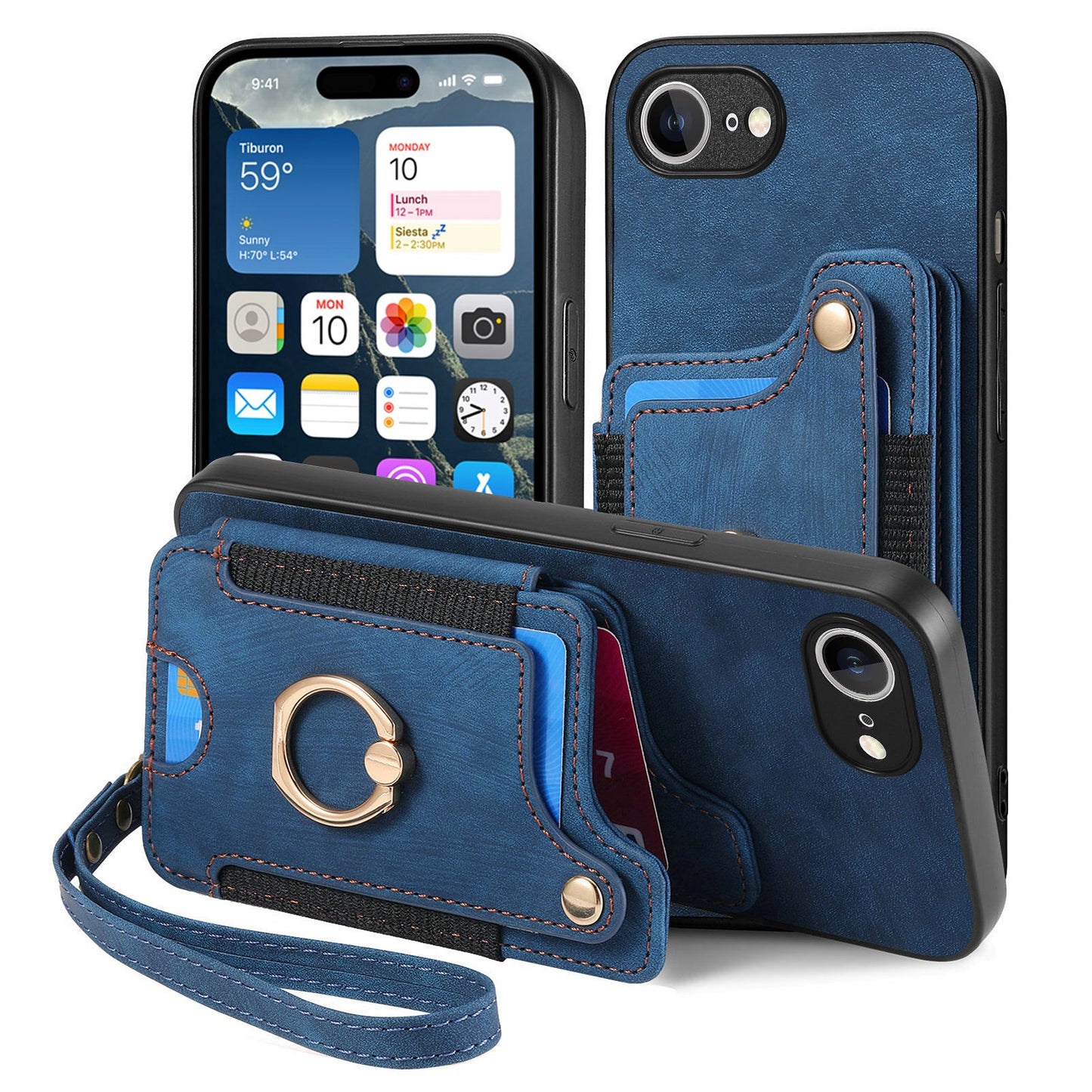For iPhone 16e Retro PU Leather Back Cover with RFID Blocking Card Holder - Blue