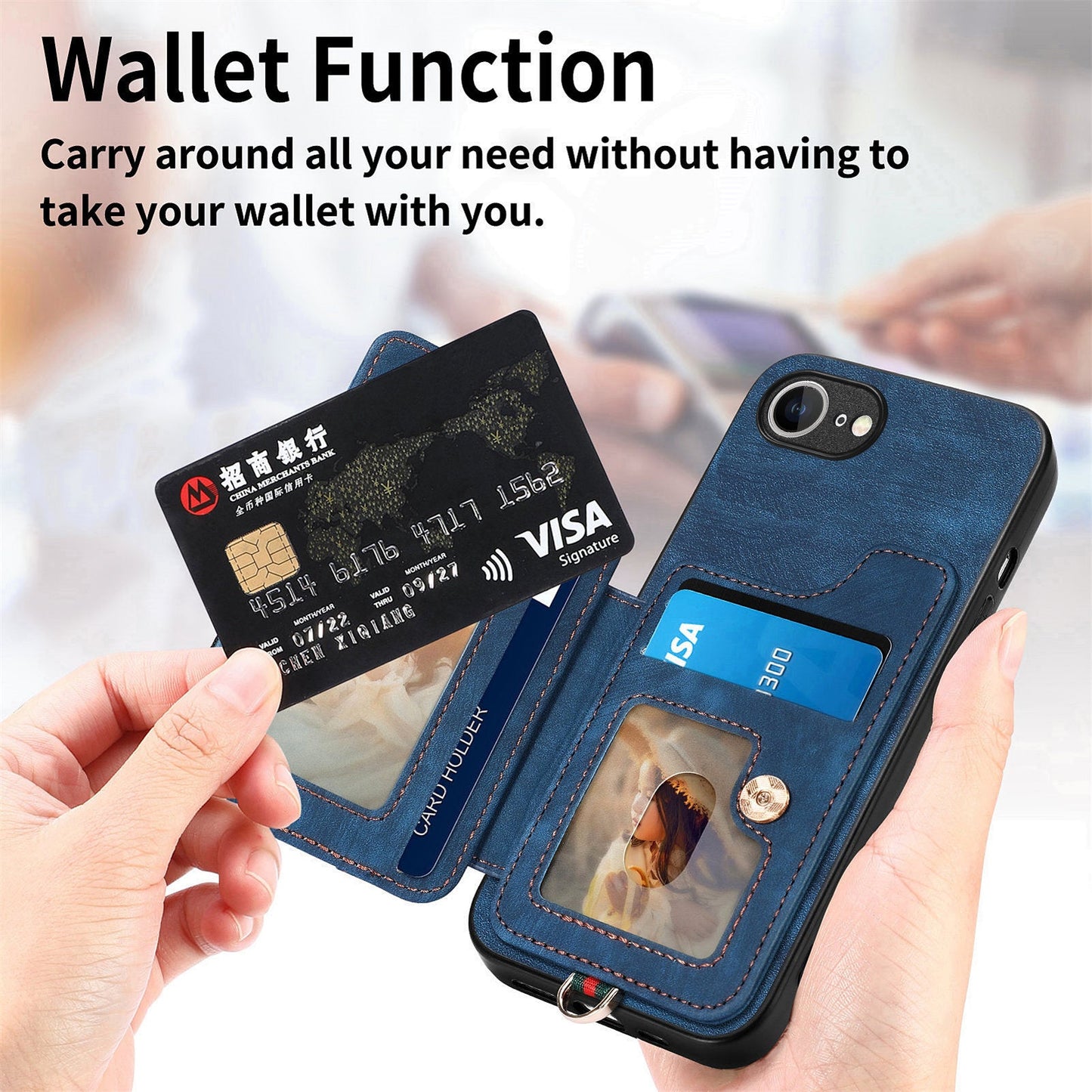 For iPhone 16e Retro PU Leather Back Cover with RFID Blocking Card Holder - Blue