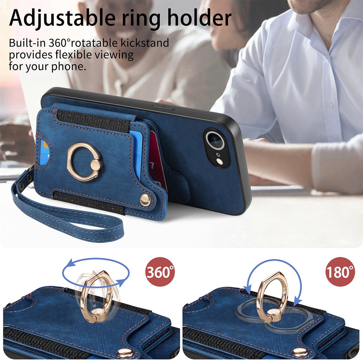 For iPhone 16e Retro PU Leather Back Cover with RFID Blocking Card Holder - Blue