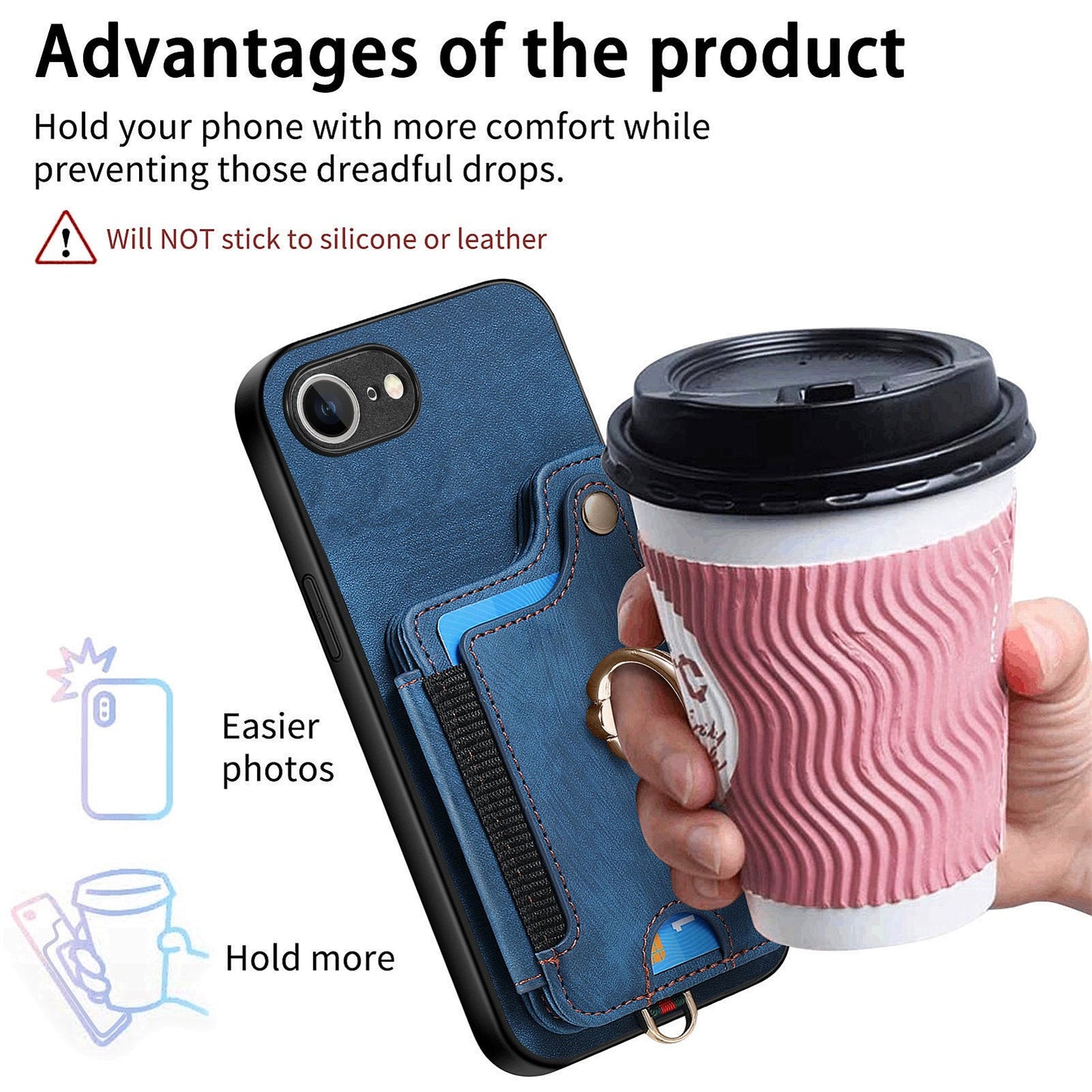 For iPhone 16e Retro PU Leather Back Cover with RFID Blocking Card Holder - Blue