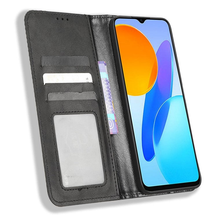 Drop-proof Cell Phone Cover For Honor 70 Lite 5G / X6 4G / Honor Play6C / X8 5G Magnetic Auto Closing Folio Flip Leather Wallet Case Retro Imprint Pattern Phone Shell with Stand - Black