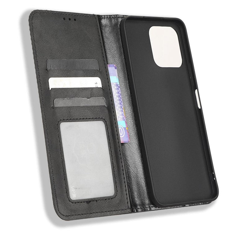 Drop-proof Cell Phone Cover For Honor 70 Lite 5G / X6 4G / Honor Play6C / X8 5G Magnetic Auto Closing Folio Flip Leather Wallet Case Retro Imprint Pattern Phone Shell with Stand - Black