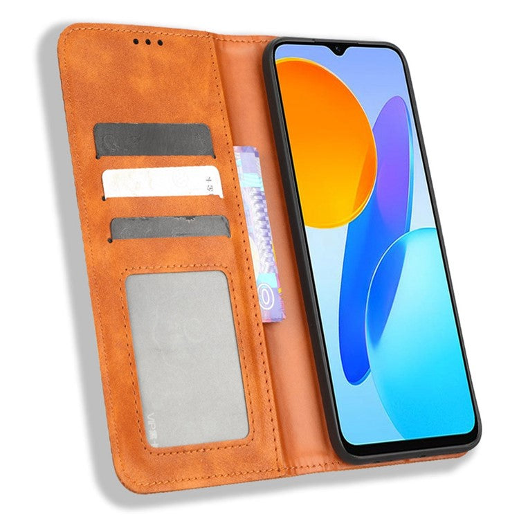 Drop-proof Cell Phone Cover For Honor 70 Lite 5G / X6 4G / Honor Play6C / X8 5G Magnetic Auto Closing Folio Flip Leather Wallet Case Retro Imprint Pattern Phone Shell with Stand - Brown