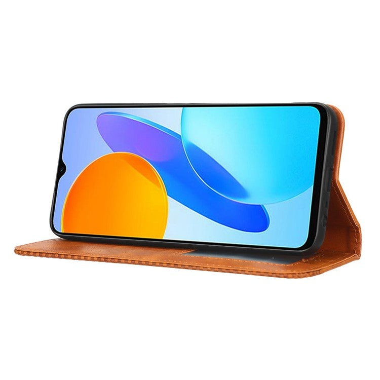 Drop-proof Cell Phone Cover For Honor 70 Lite 5G / X6 4G / Honor Play6C / X8 5G Magnetic Auto Closing Folio Flip Leather Wallet Case Retro Imprint Pattern Phone Shell with Stand - Brown