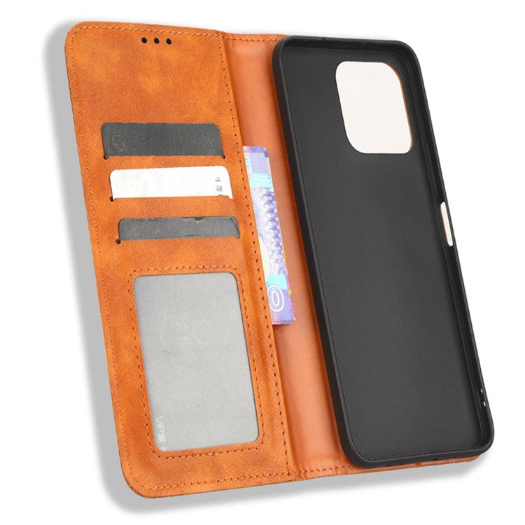 Drop-proof Cell Phone Cover For Honor 70 Lite 5G / X6 4G / Honor Play6C / X8 5G Magnetic Auto Closing Folio Flip Leather Wallet Case Retro Imprint Pattern Phone Shell with Stand - Brown