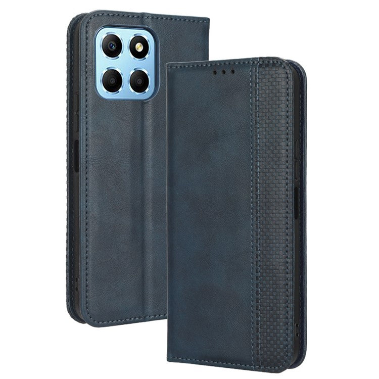 Drop-proof Cell Phone Cover For Honor 70 Lite 5G / X6 4G / Honor Play6C / X8 5G Magnetic Auto Closing Folio Flip Leather Wallet Case Retro Imprint Pattern Phone Shell with Stand - Blue