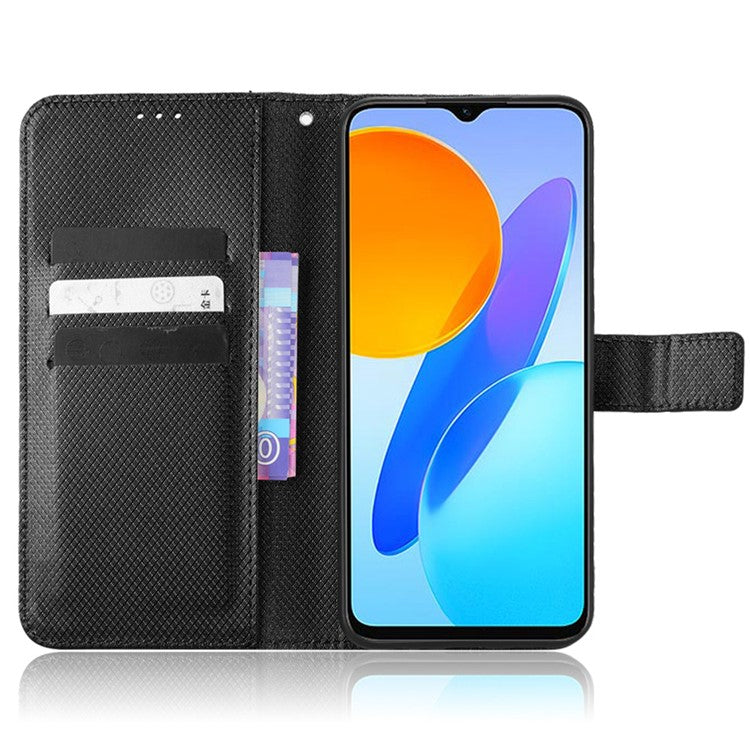 Diamond Texture Phone Cover For Honor 70 Lite 5G / X6 4G / Honor Play6C / X8 5G Scratch-resistant Phone Folio Flip Leather Wallet Case with Stand - Black