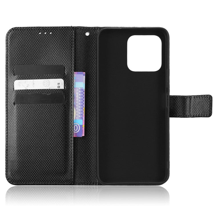 Diamond Texture Phone Cover For Honor 70 Lite 5G / X6 4G / Honor Play6C / X8 5G Scratch-resistant Phone Folio Flip Leather Wallet Case with Stand - Black