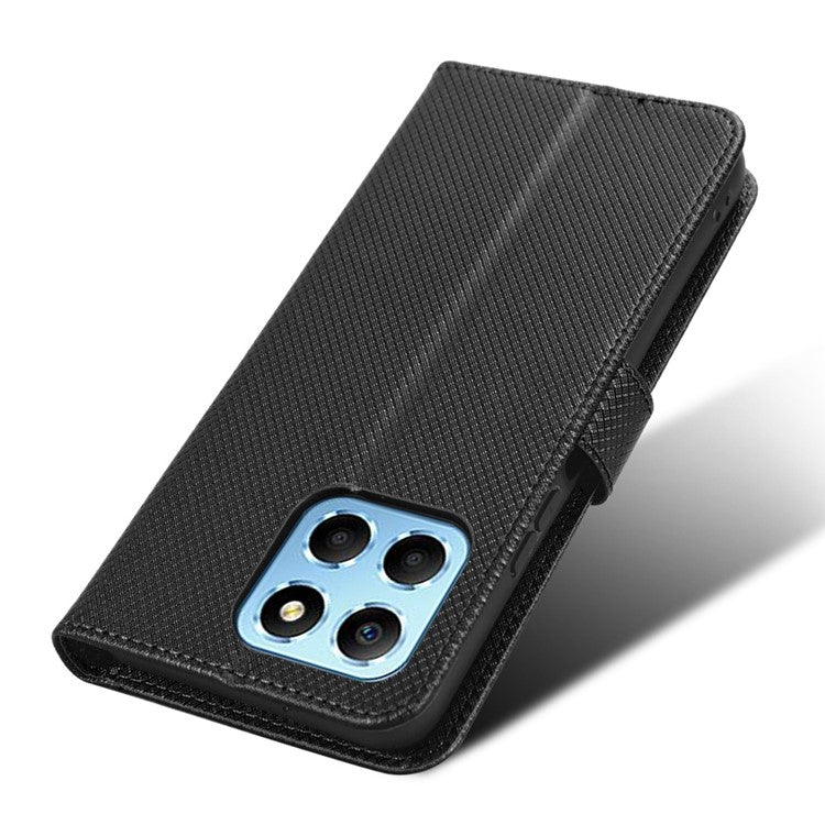 Diamond Texture Phone Cover For Honor 70 Lite 5G / X6 4G / Honor Play6C / X8 5G Scratch-resistant Phone Folio Flip Leather Wallet Case with Stand - Black