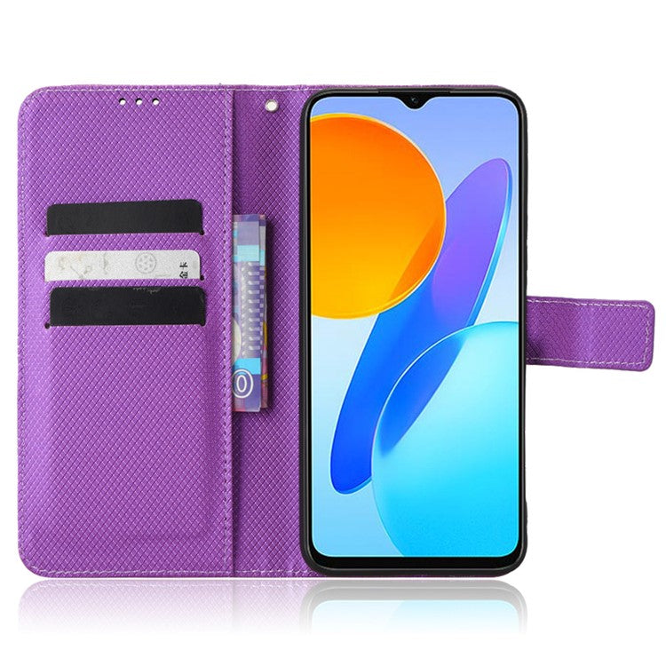 Diamond Texture Phone Cover For Honor 70 Lite 5G / X6 4G / Honor Play6C / X8 5G Scratch-resistant Phone Folio Flip Leather Wallet Case with Stand - Purple