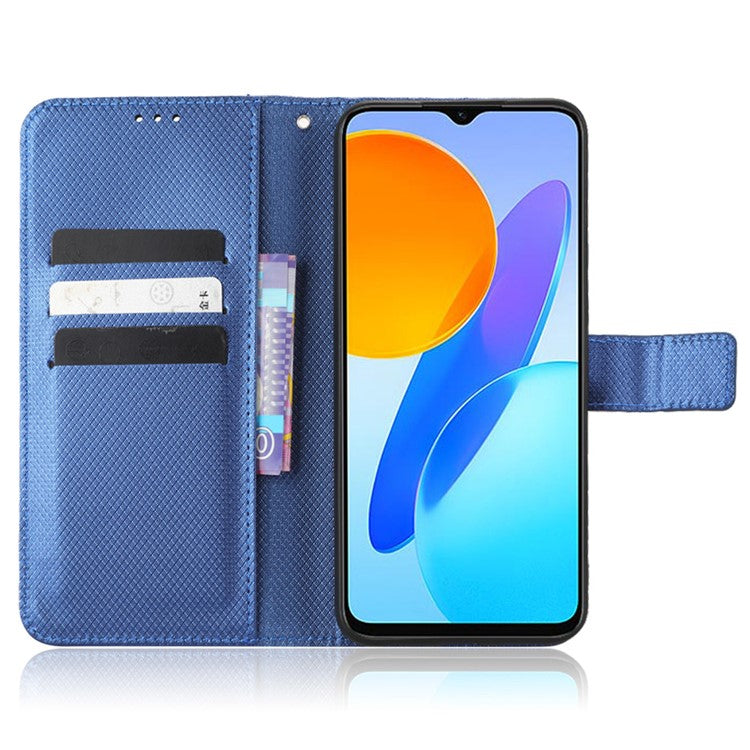 Diamond Texture Phone Cover For Honor 70 Lite 5G / X6 4G / Honor Play6C / X8 5G Scratch-resistant Phone Folio Flip Leather Wallet Case with Stand - Blue