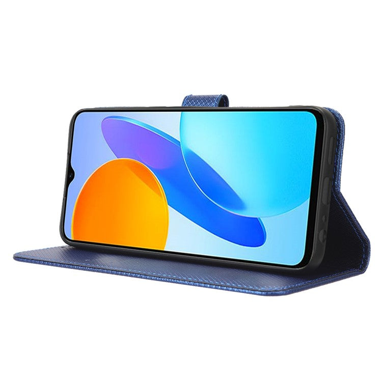 Diamond Texture Phone Cover For Honor 70 Lite 5G / X6 4G / Honor Play6C / X8 5G Scratch-resistant Phone Folio Flip Leather Wallet Case with Stand - Blue