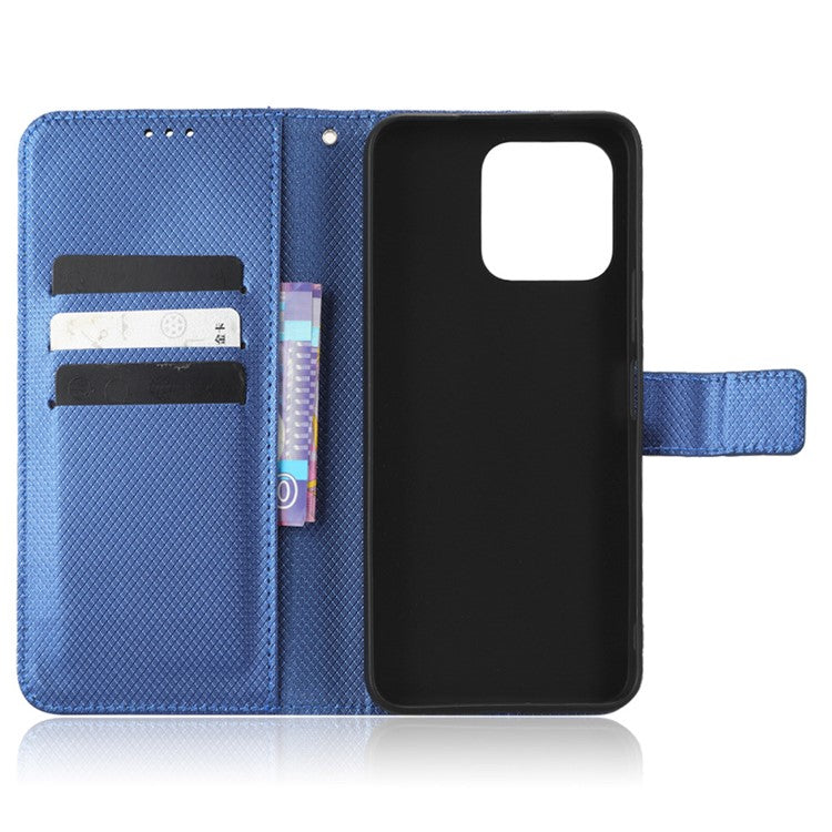 Diamond Texture Phone Cover For Honor 70 Lite 5G / X6 4G / Honor Play6C / X8 5G Scratch-resistant Phone Folio Flip Leather Wallet Case with Stand - Blue