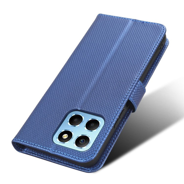 Diamond Texture Phone Cover For Honor 70 Lite 5G / X6 4G / Honor Play6C / X8 5G Scratch-resistant Phone Folio Flip Leather Wallet Case with Stand - Blue