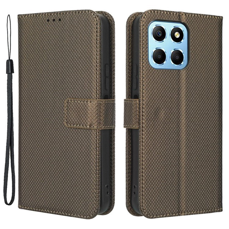 Diamond Texture Phone Cover For Honor 70 Lite 5G / X6 4G / Honor Play6C / X8 5G Scratch-resistant Phone Folio Flip Leather Wallet Case with Stand - Brown