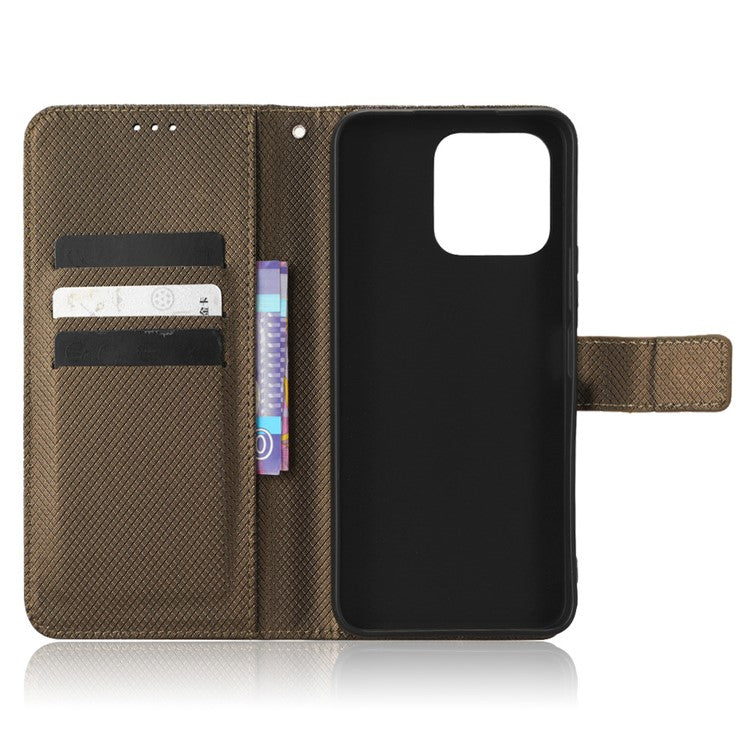 Diamond Texture Phone Cover For Honor 70 Lite 5G / X6 4G / Honor Play6C / X8 5G Scratch-resistant Phone Folio Flip Leather Wallet Case with Stand - Brown