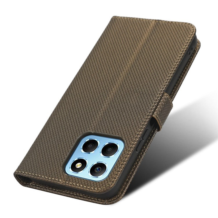 Diamond Texture Phone Cover For Honor 70 Lite 5G / X6 4G / Honor Play6C / X8 5G Scratch-resistant Phone Folio Flip Leather Wallet Case with Stand - Brown