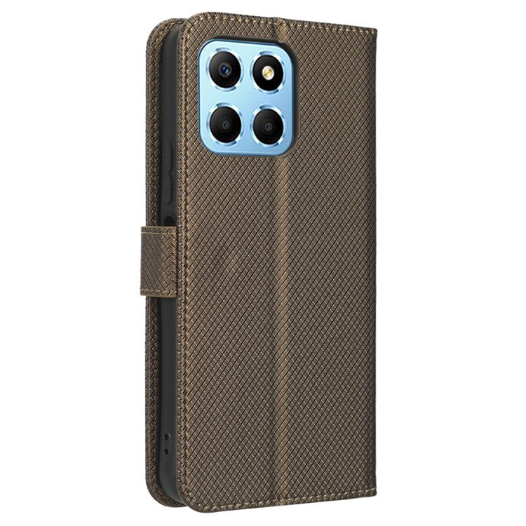 Diamond Texture Phone Cover For Honor 70 Lite 5G / X6 4G / Honor Play6C / X8 5G Scratch-resistant Phone Folio Flip Leather Wallet Case with Stand - Brown
