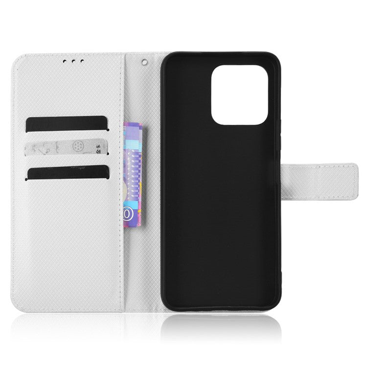 Diamond Texture Phone Cover For Honor 70 Lite 5G / X6 4G / Honor Play6C / X8 5G Scratch-resistant Phone Folio Flip Leather Wallet Case with Stand - White