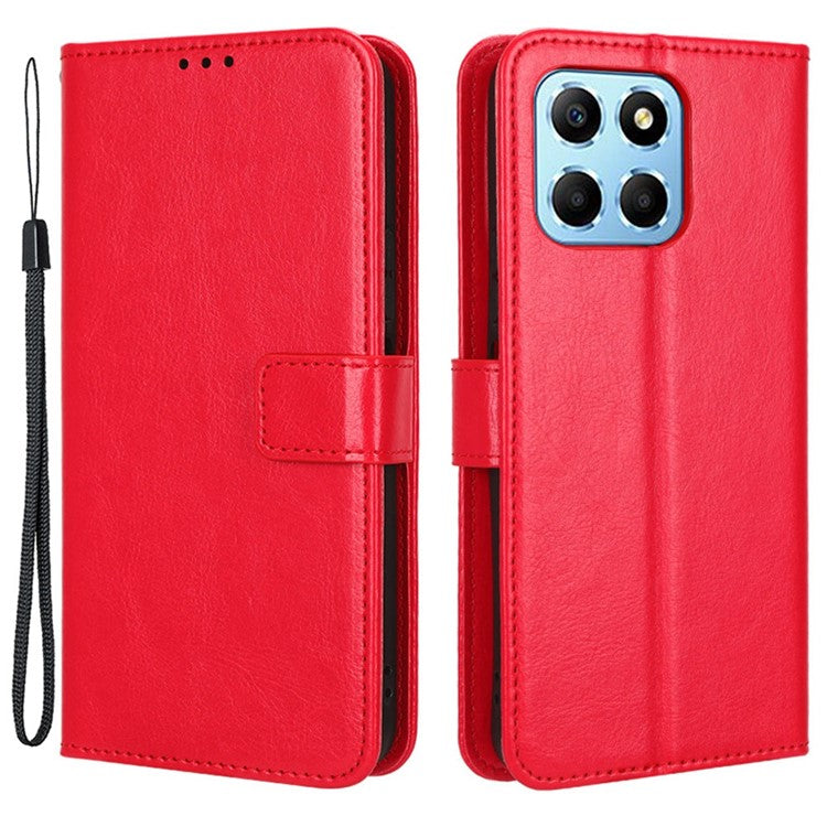 Phone Wallet Case For Honor 70 Lite 5G / X6 4G / Honor Play6C / X8 5G Crazy Horse Texture Magnetic Clasp PU Leather Stand Anti-scratch Cell Phone Cover - Red