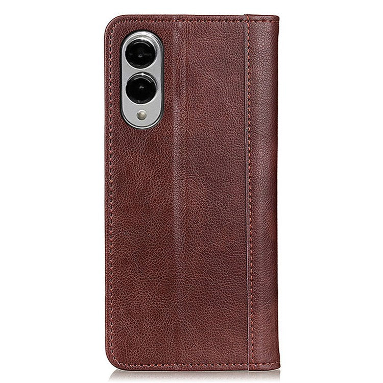 For Samsung Galaxy S25 Edge Stand Case Split Leather Litchi Texture Wallet Phone Cover - Brown