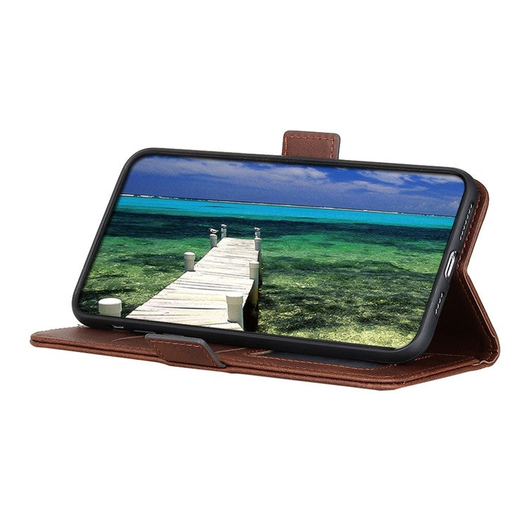 For Samsung Galaxy S25 Edge Case Stand Cowhide Texture PU Leather Phone Cover - Brown