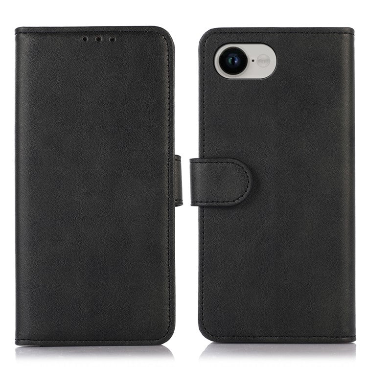 For iPhone 16e Case Cowhide Texture Leather Wallet Phone Cover with Stand - Black