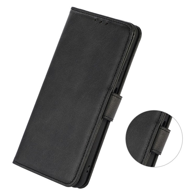 For iPhone 16e Case Cowhide Texture Leather Wallet Phone Cover with Stand - Black