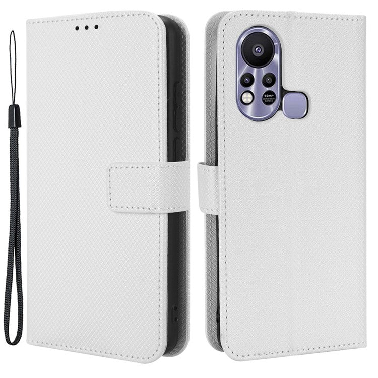 For Infinix Hot 11s / Hot 11s NFC 4G Wallet Phone Case Diamond Texture Anti-Scratch PU Leather Cellphone Cover with Stand - White