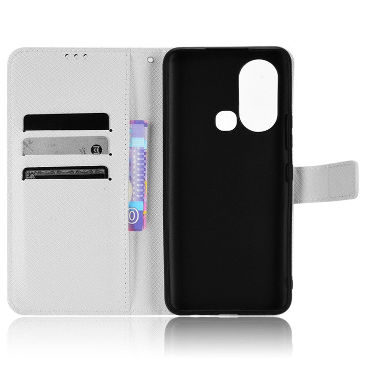 For Infinix Hot 11s / Hot 11s NFC 4G Wallet Phone Case Diamond Texture Anti-Scratch PU Leather Cellphone Cover with Stand - White