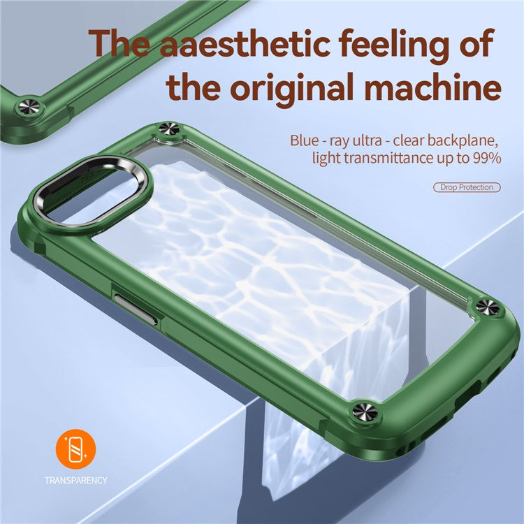 For iPhone 16e Case Anti-Drop Alloy Lens Frame PC + TPU Phone Cover - Green