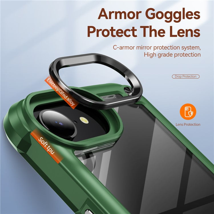 For iPhone 16e Case Anti-Drop Alloy Lens Frame PC + TPU Phone Cover - Green