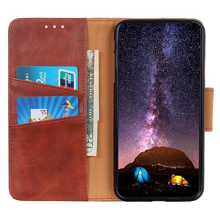 For iPhone 16e Case Crazy Horse Texture Split Leather Wallet Phone Cover - Brown