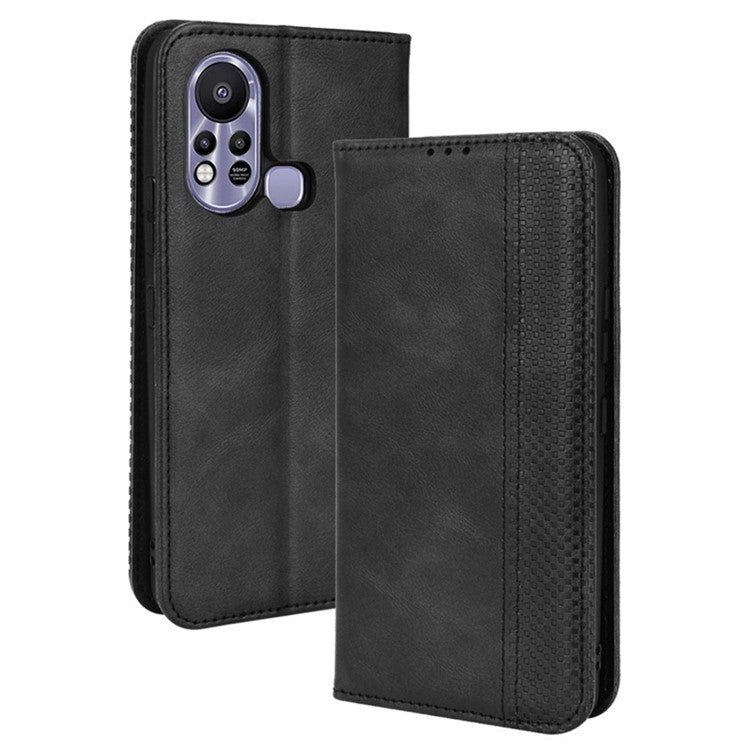 For Infinix Hot 11s / Hot 11s NFC 4G Retro Texture PU Leather Case Imprinted Pattern Magnetic Auto-Absorbed Phone Stand Wallet Cover - Black