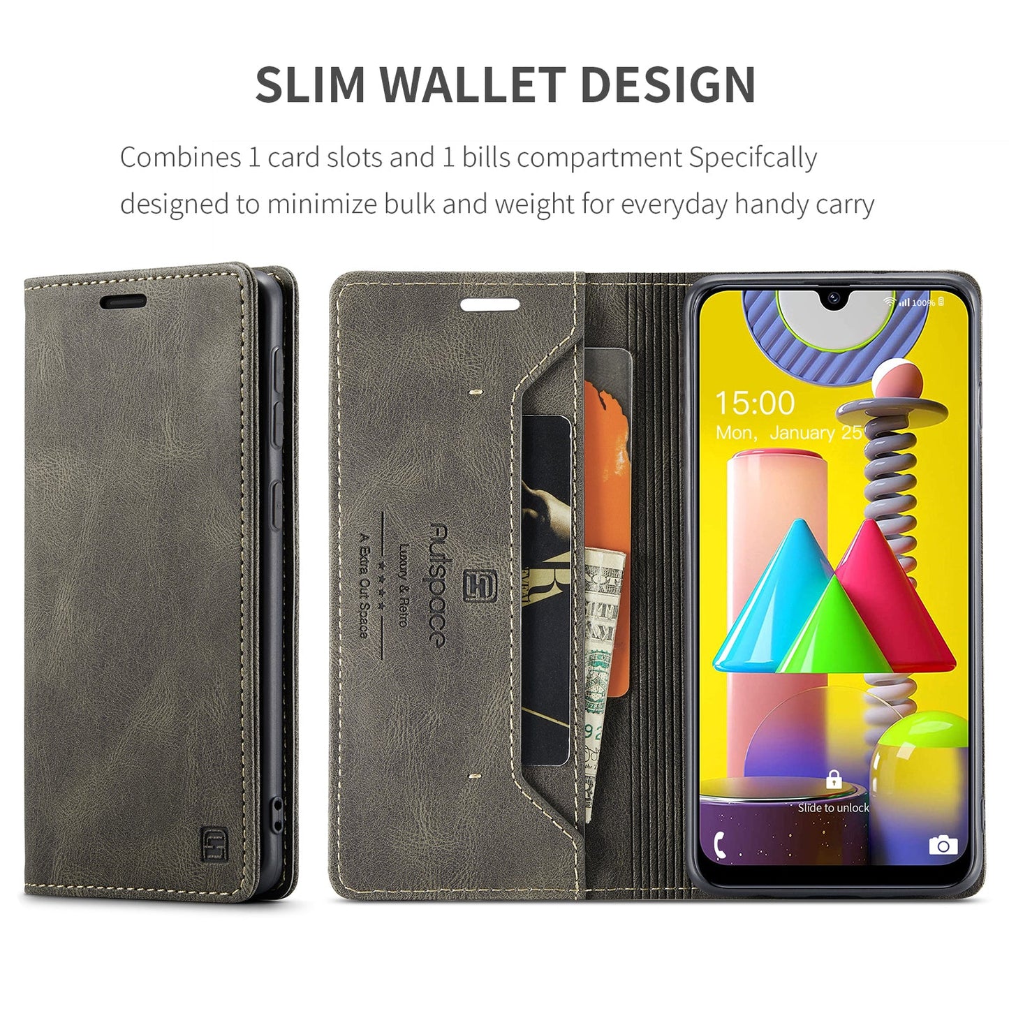 For Samsung Galaxy M31 Prime / Galaxy M21s / Galaxy F14 4G / Galaxy M31 Wallet Case AUTSPACE A01 Leather Stand Cover with RFID Blocking Card Holder - Coffee