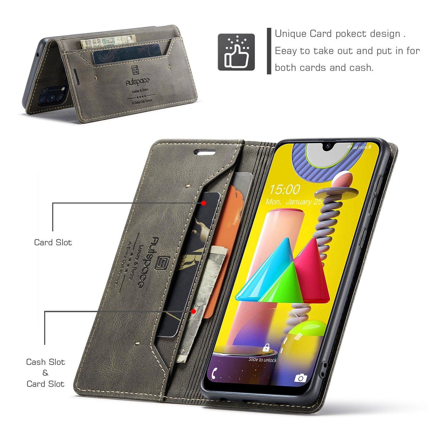 For Samsung Galaxy M31 Prime / Galaxy M21s / Galaxy F14 4G / Galaxy M31 Wallet Case AUTSPACE A01 Leather Stand Cover with RFID Blocking Card Holder - Coffee