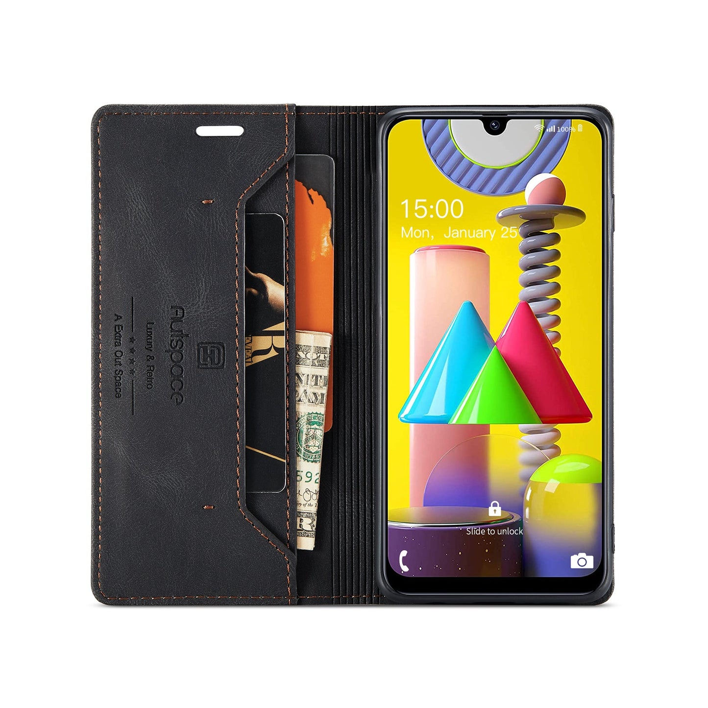 For Samsung Galaxy M31 Prime / Galaxy M21s / Galaxy F14 4G / Galaxy M31 Wallet Case AUTSPACE A01 Leather Stand Cover with RFID Blocking Card Holder - Black