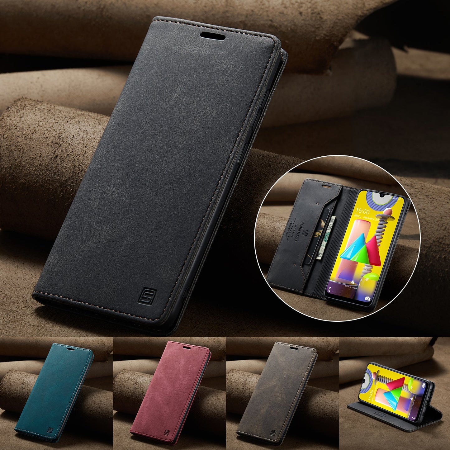 For Samsung Galaxy M31 Prime / Galaxy M21s / Galaxy F14 4G / Galaxy M31 Wallet Case AUTSPACE A01 Leather Stand Cover with RFID Blocking Card Holder - Black