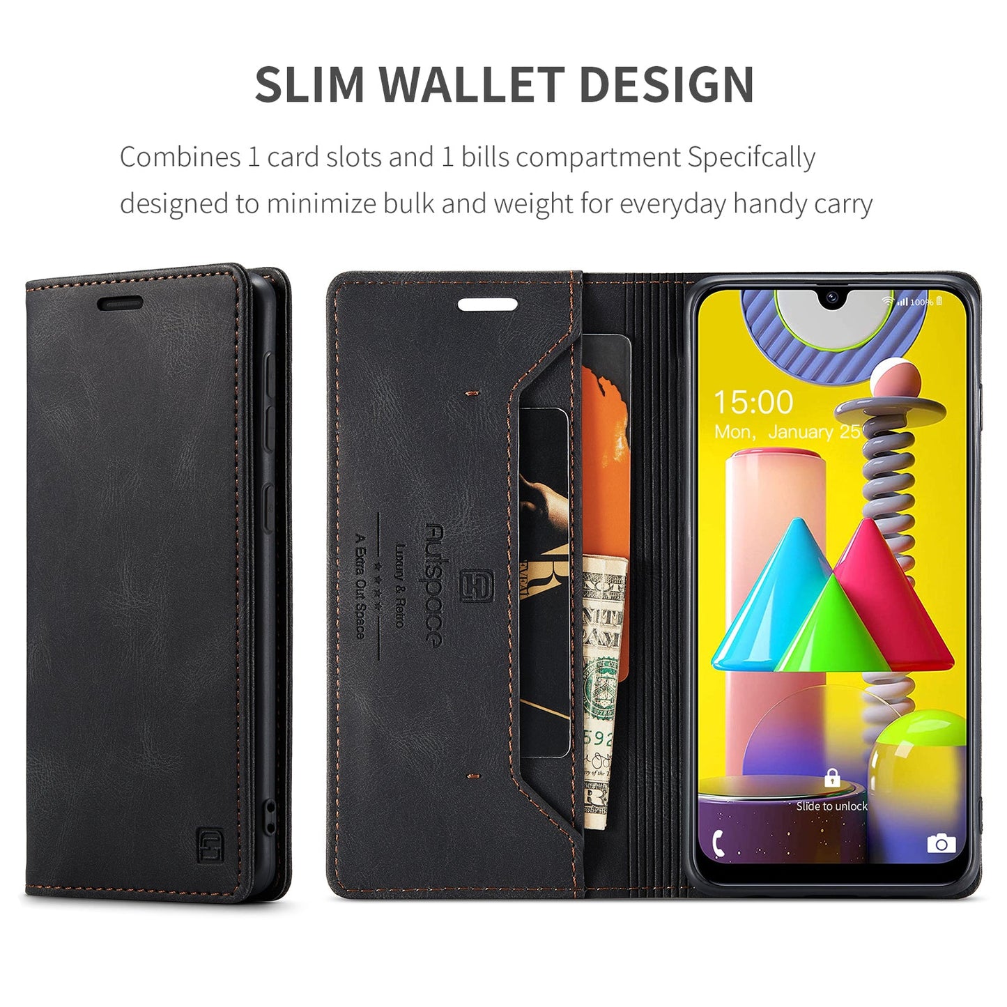For Samsung Galaxy M31 Prime / Galaxy M21s / Galaxy F14 4G / Galaxy M31 Wallet Case AUTSPACE A01 Leather Stand Cover with RFID Blocking Card Holder - Black